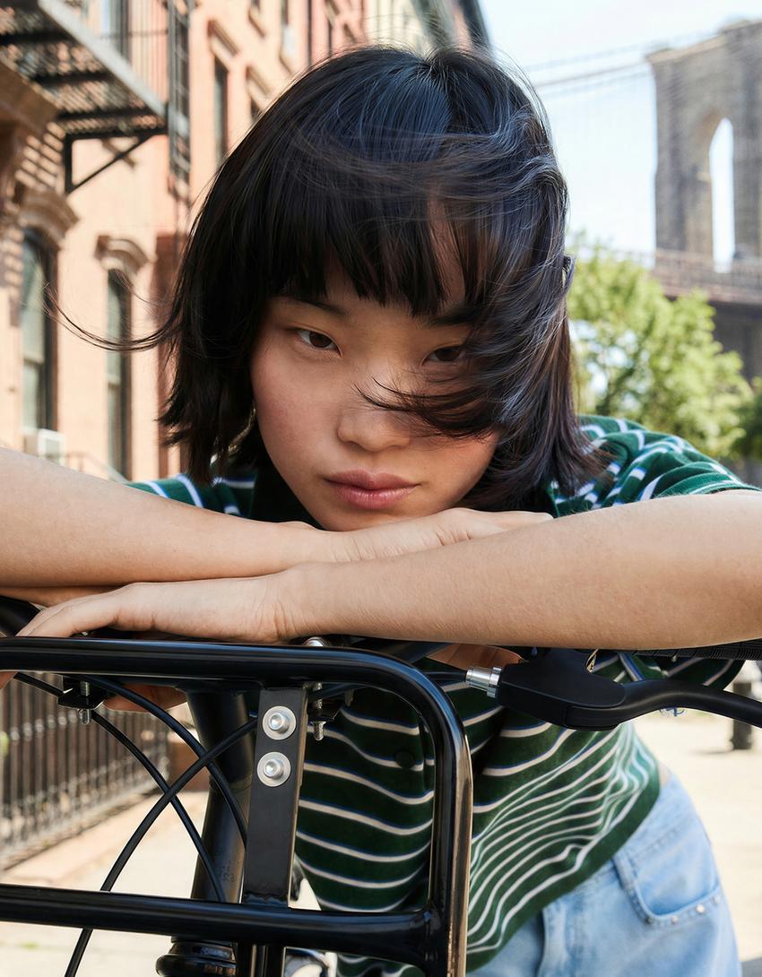 Pull col polo rayé-Vert