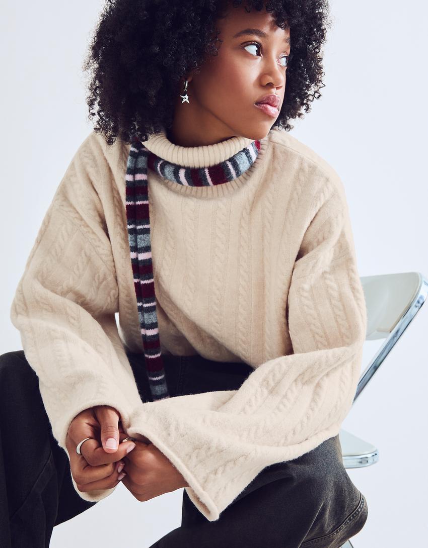 Braided high neck jumper-Sand