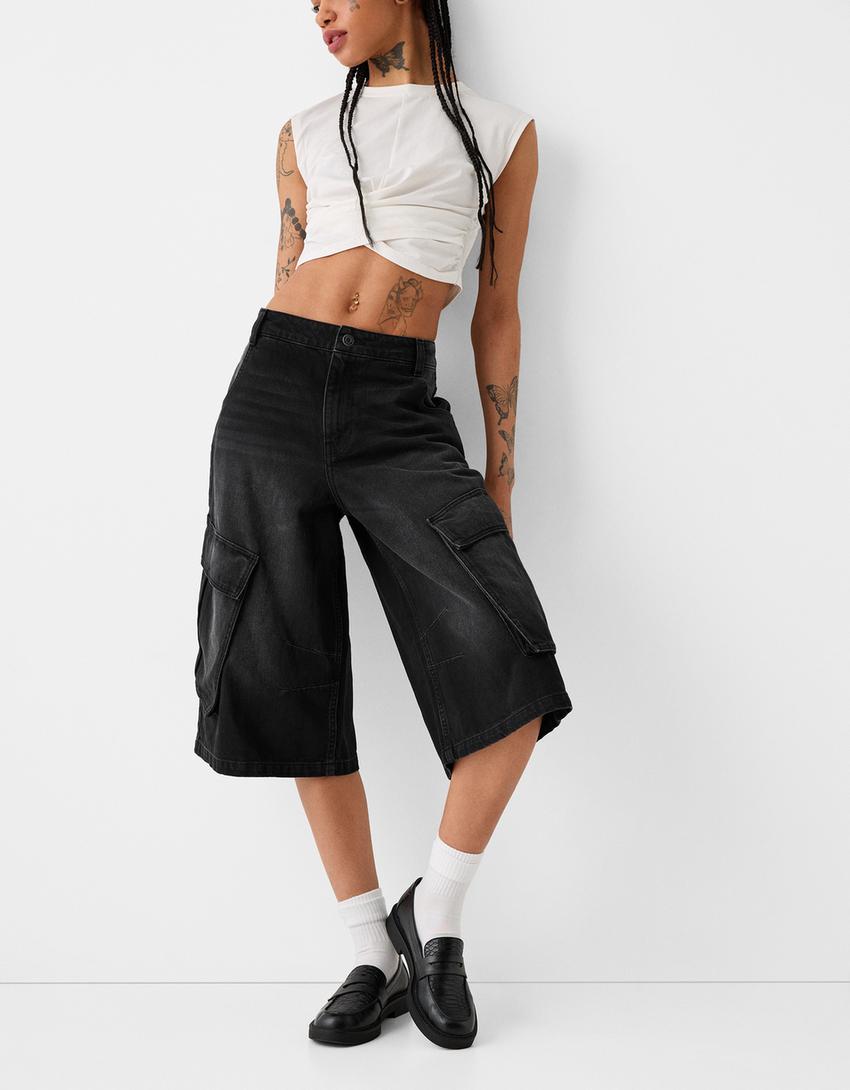 Baggy kargo bermuda jort-Siyah-3