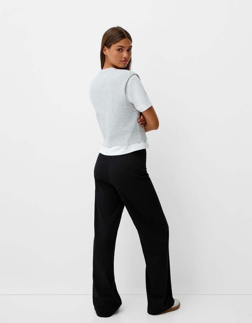 بنطلون محبوك بساق عريضة-أسود-2