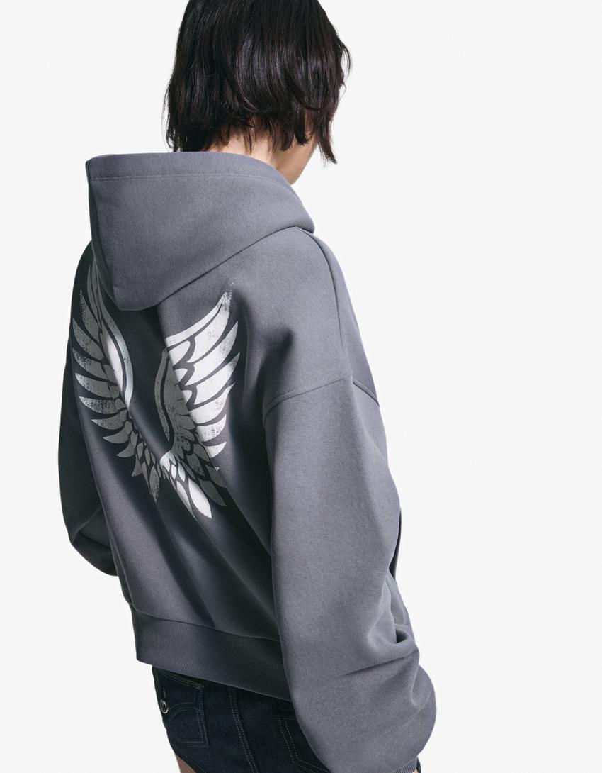 Hoodie med tryck-Mörkgrå-1
