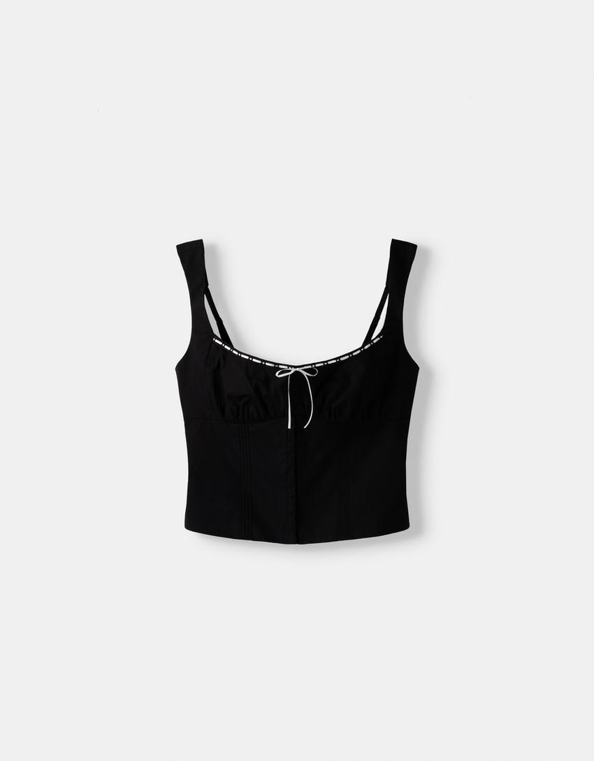 توب بوبلين بحمالات وتفصيل حافة دانتيل-أسود-4