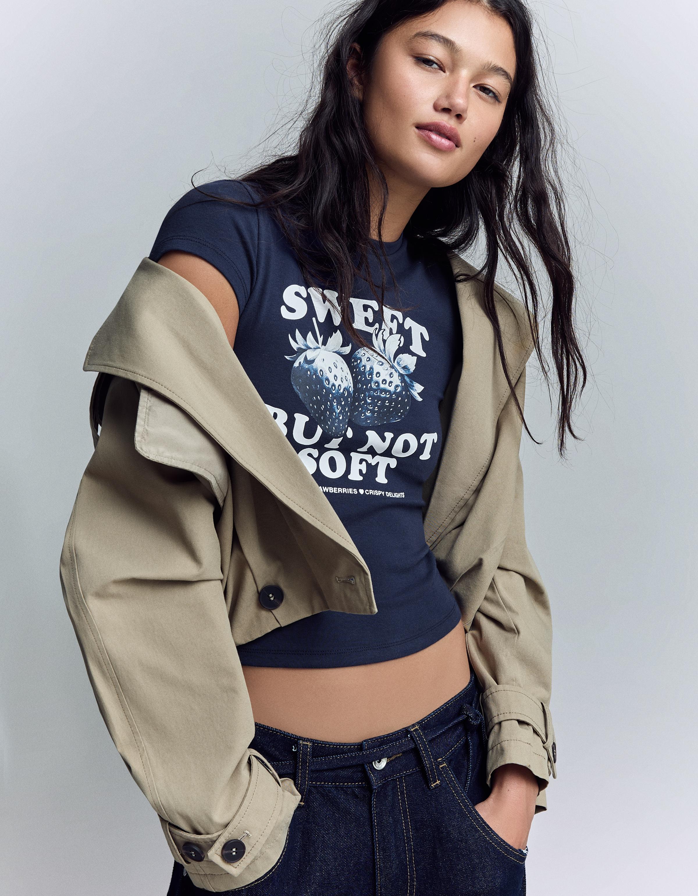 Bershka T-Shirt Mit Kurzen Ärmeln Und Print Damen Xxs Marinenblau