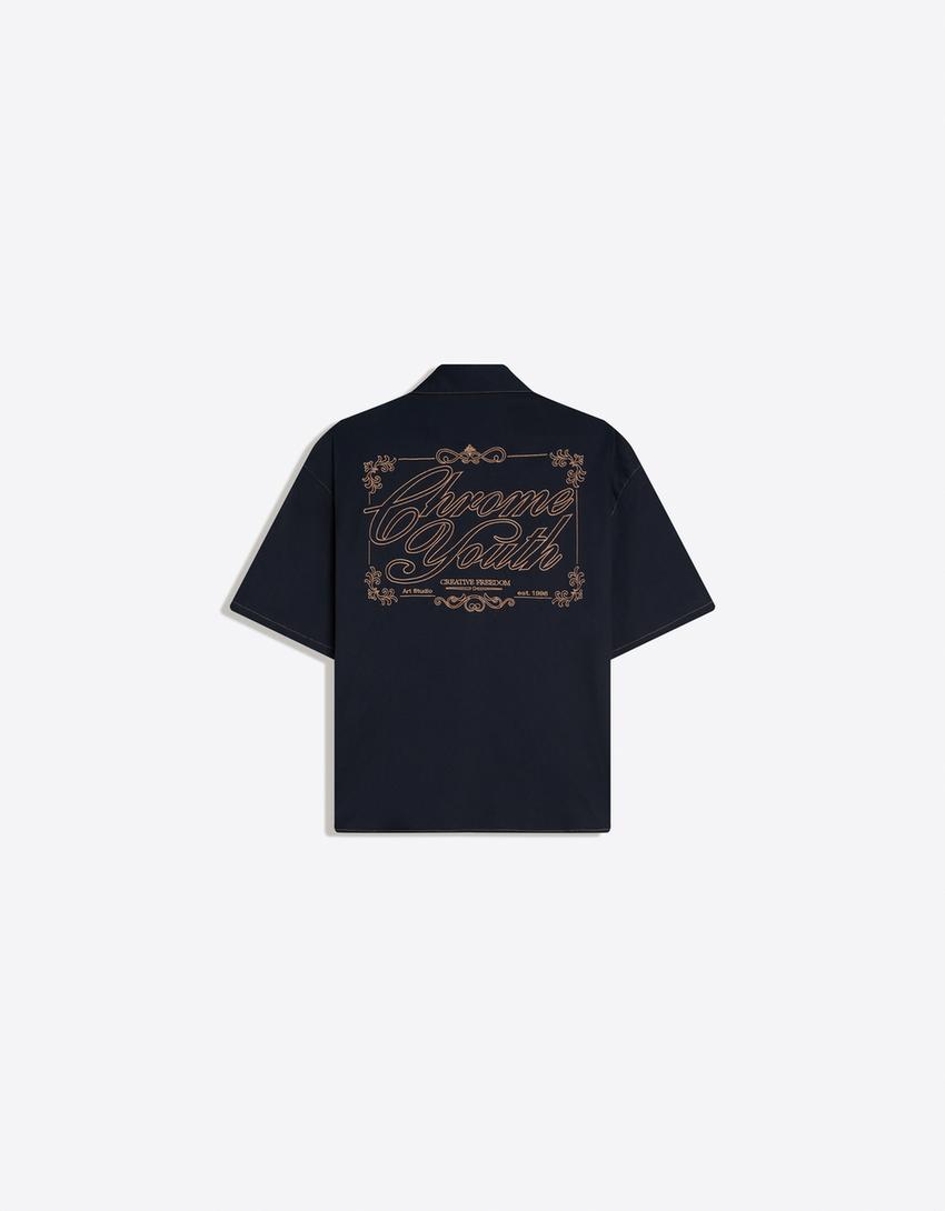Oversize embroidered short sleeve shirt-Navy