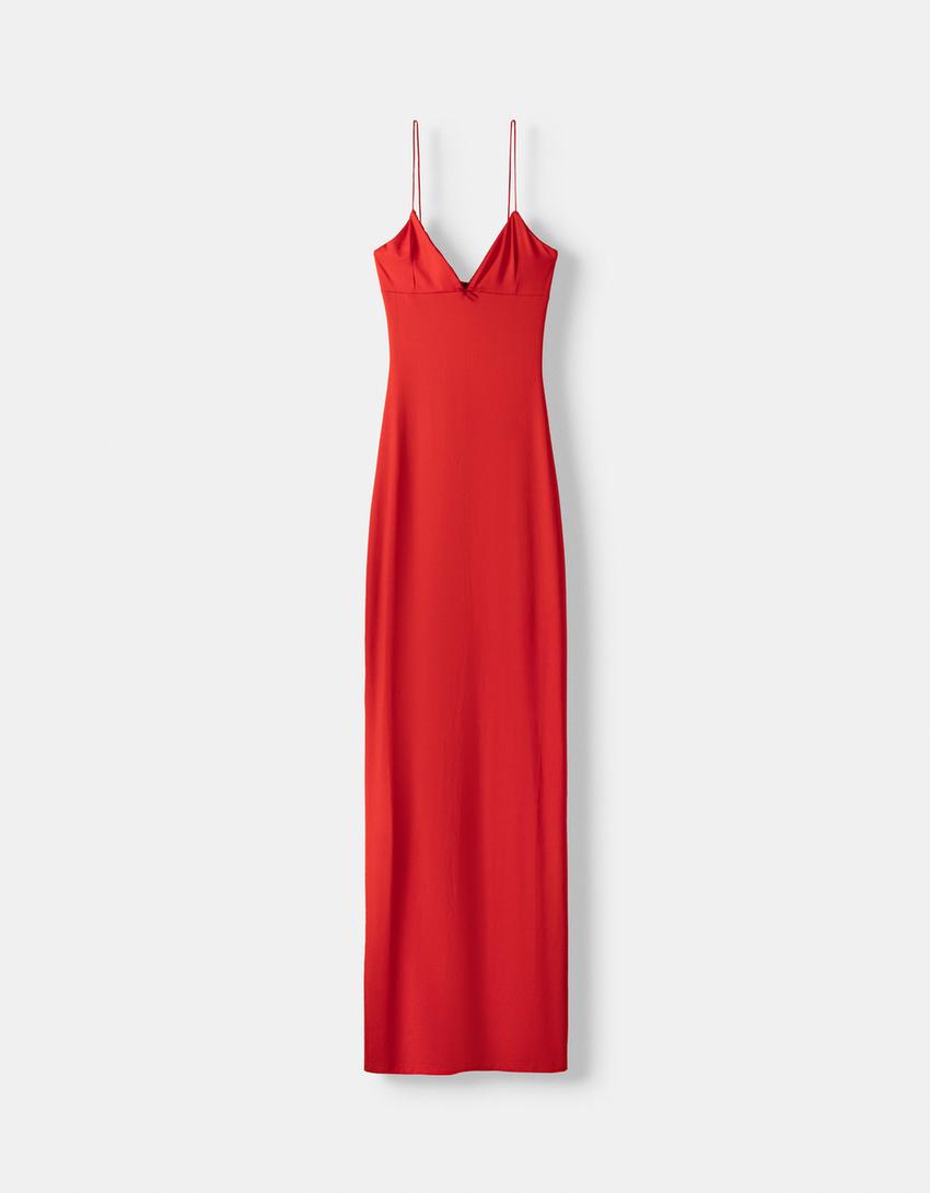 Maxi dress with straps and bow-Red-4