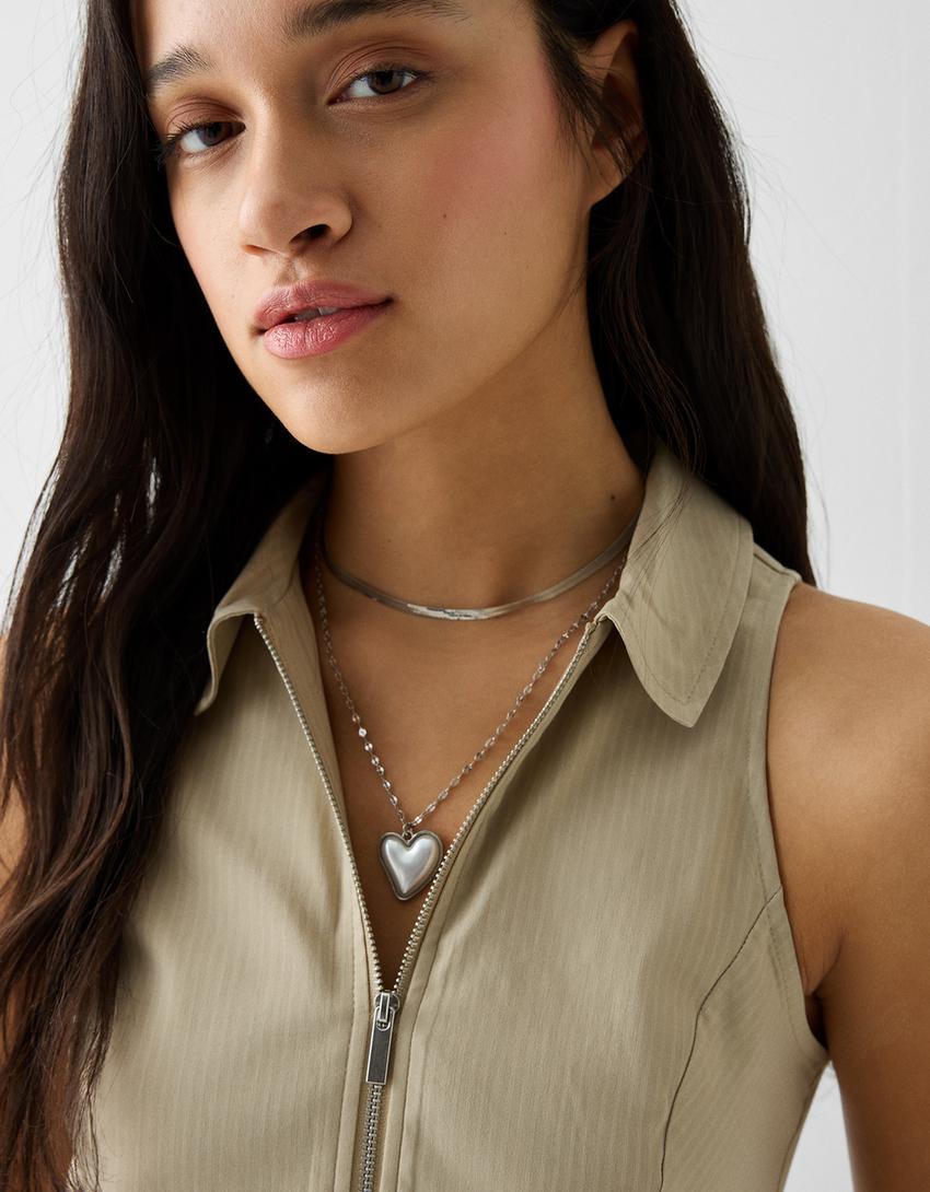 طقم من 2 عقود من اللؤلؤ الصناعي على شكل قلب وثعبان-فضي-3