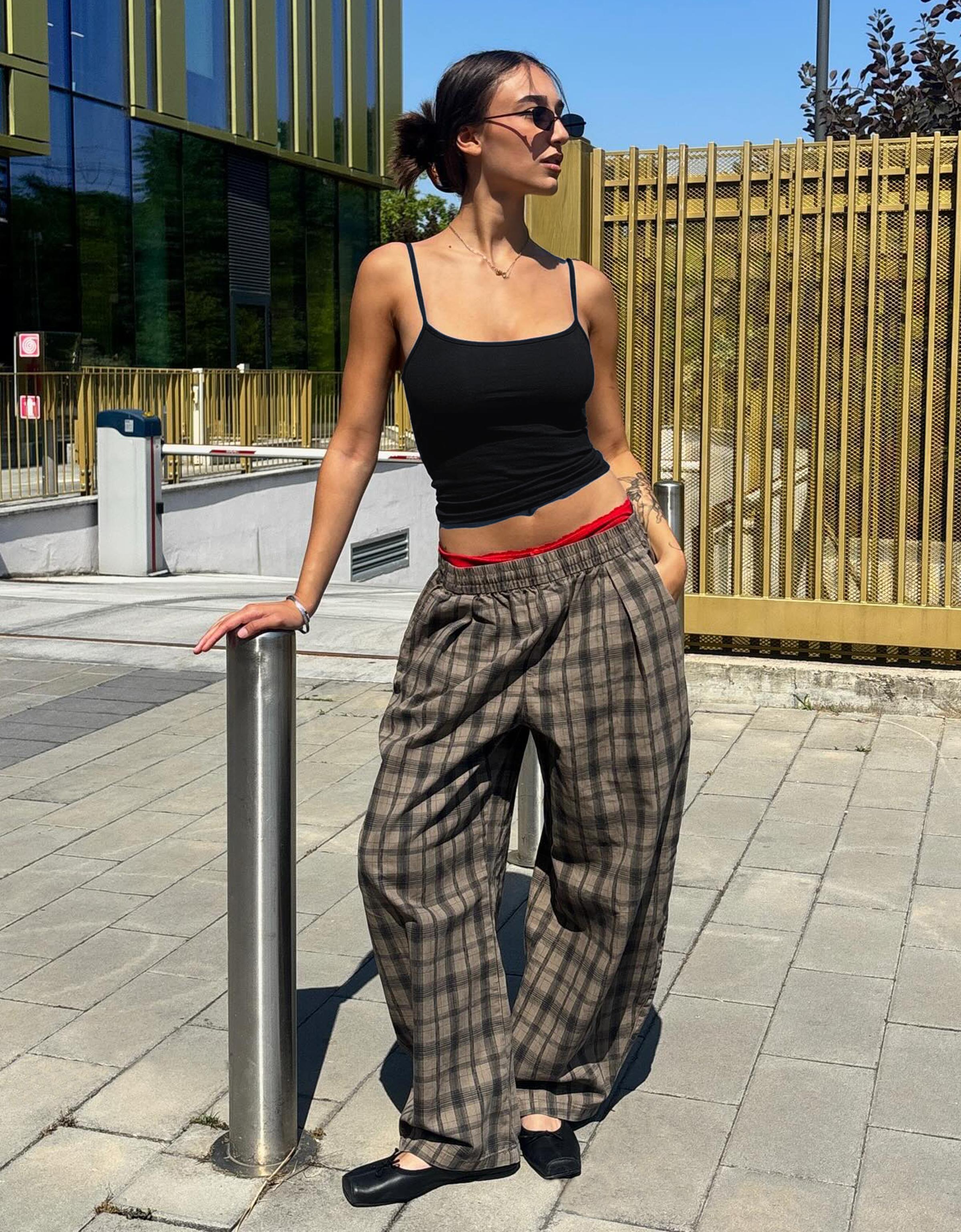 Bershka Pantalón Balloon Cuadros Mujer Gris