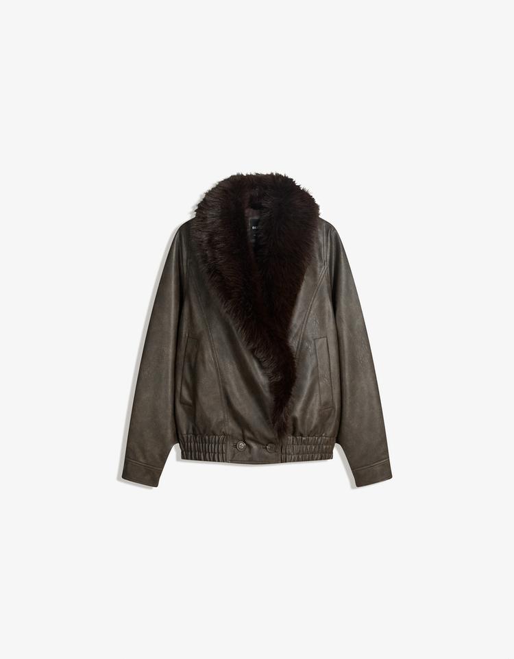 Faux leather jacket with faux fur collar