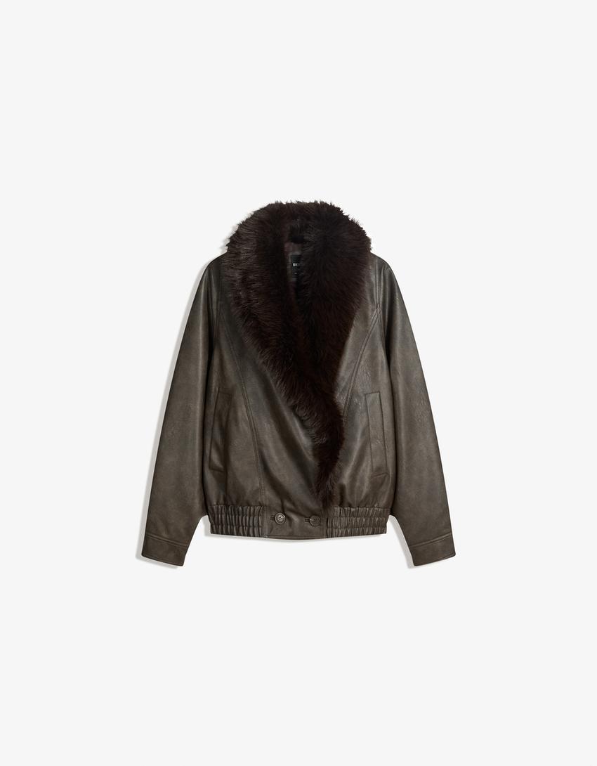 Blouson similicuir col fourrure-Marron
