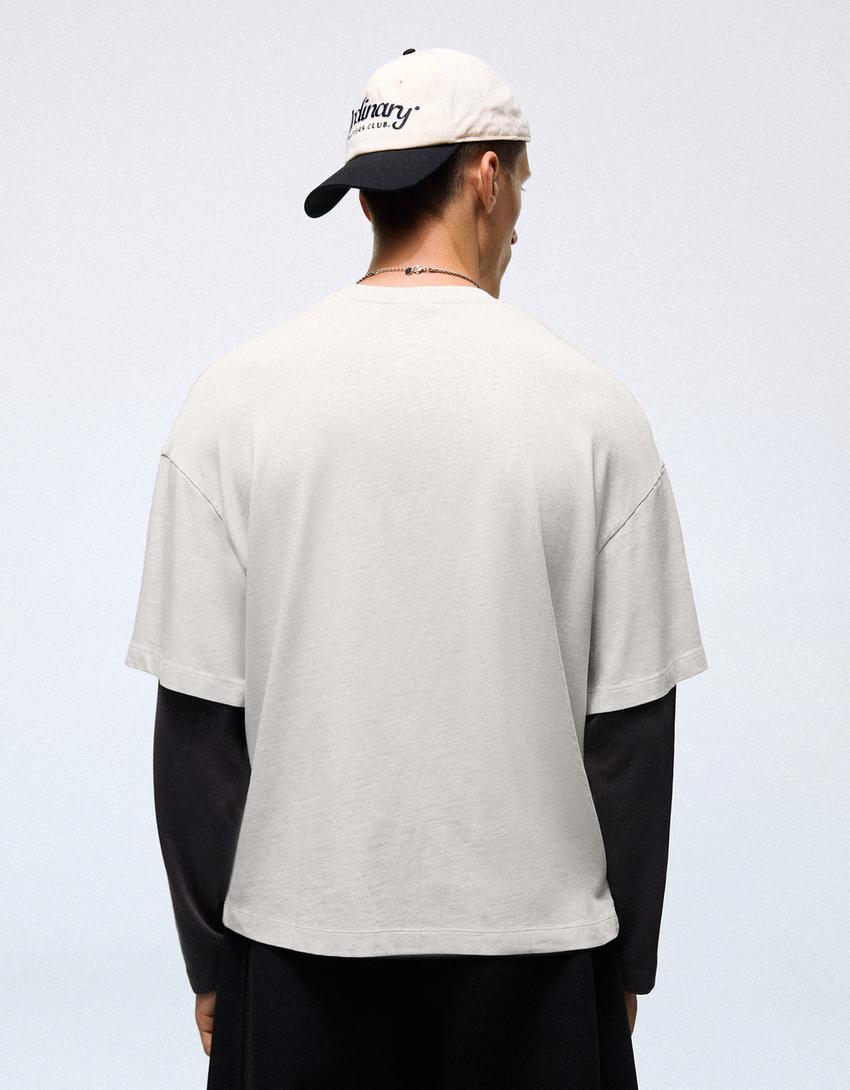 Contrast double-sleeve T-shirt-Grey