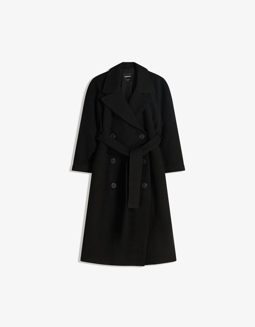 Oversize wool blend coat with belt-Black