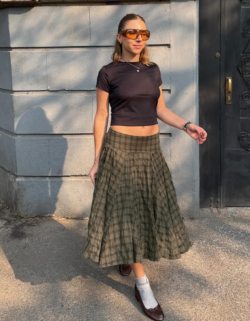 Falda midi volumen cuadros-Kaki