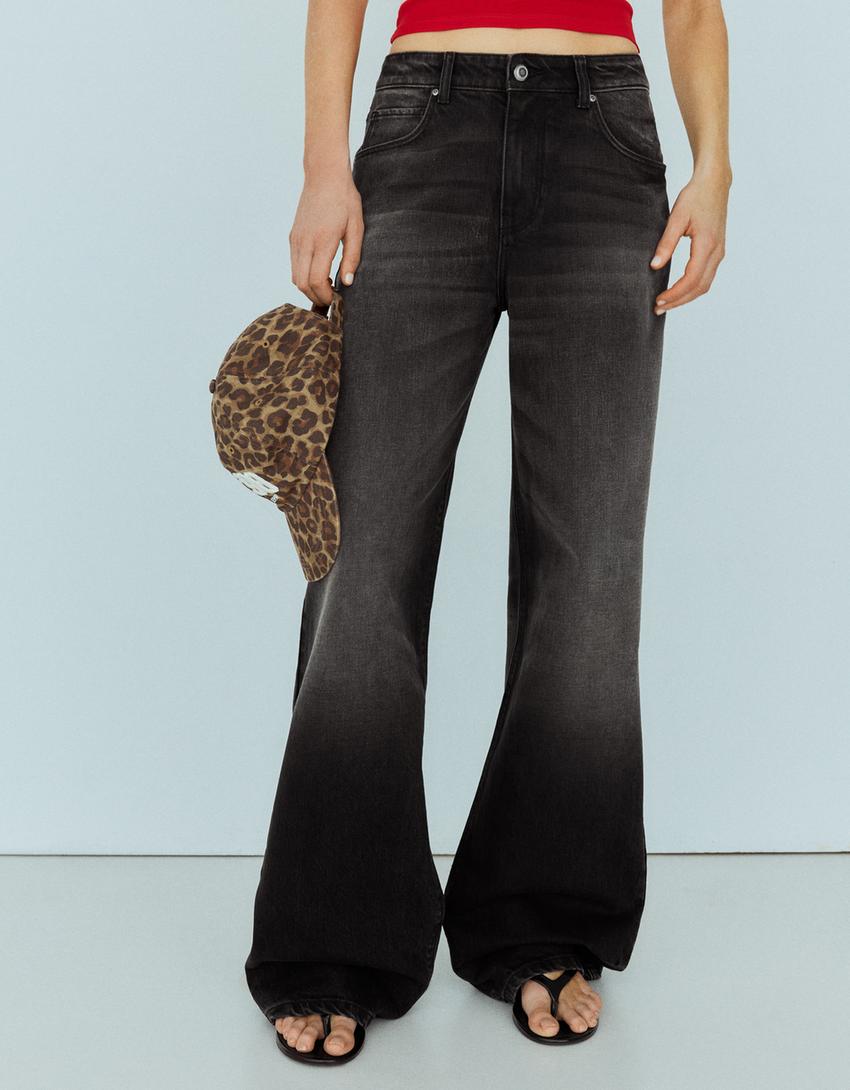 Vintage yıkamalı yüksek bel wide leg jean-Siyah