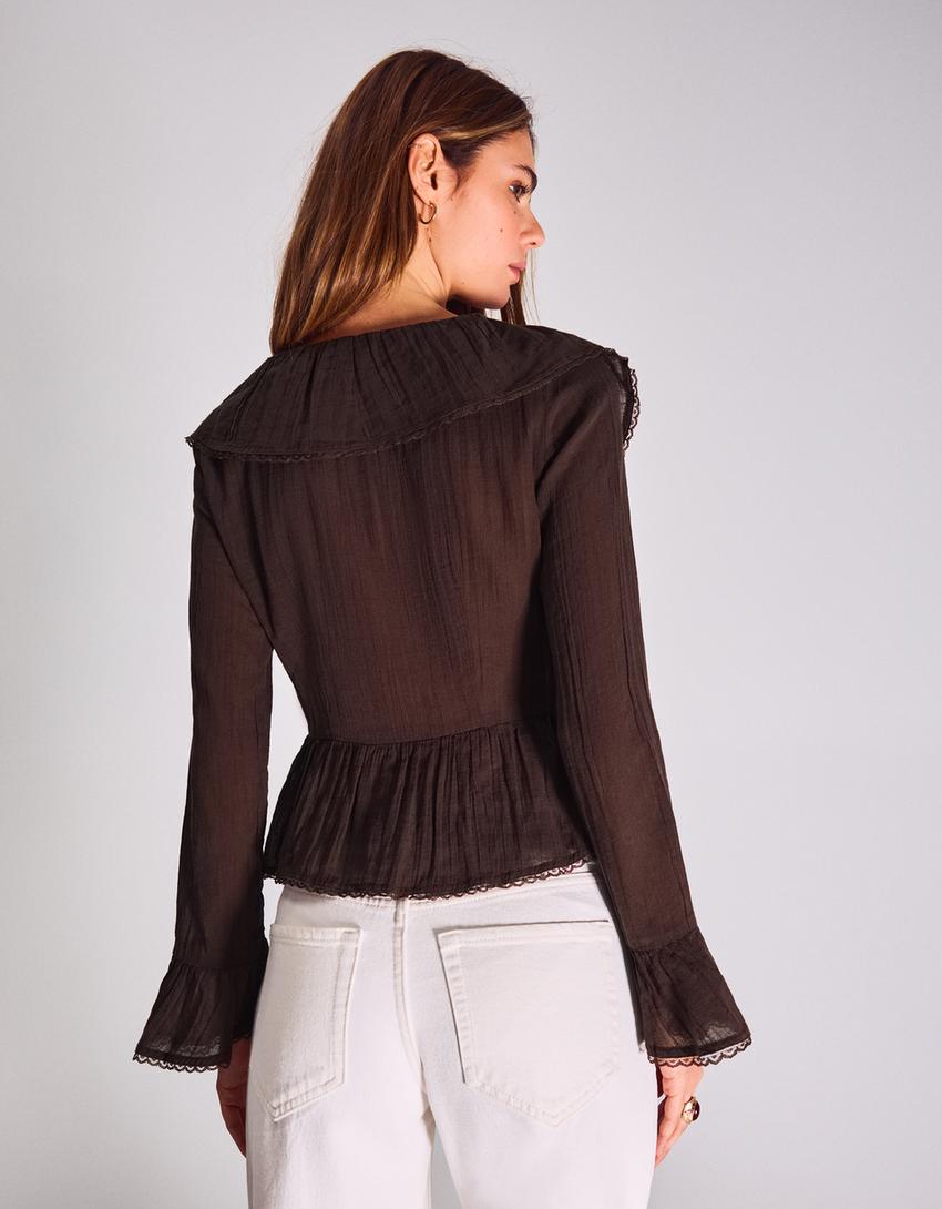 Blusa manga larga rústica volantes-Marrón