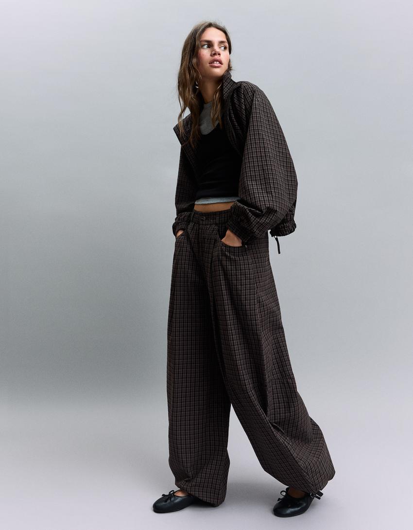 Checked parachute trousers-Dark grey