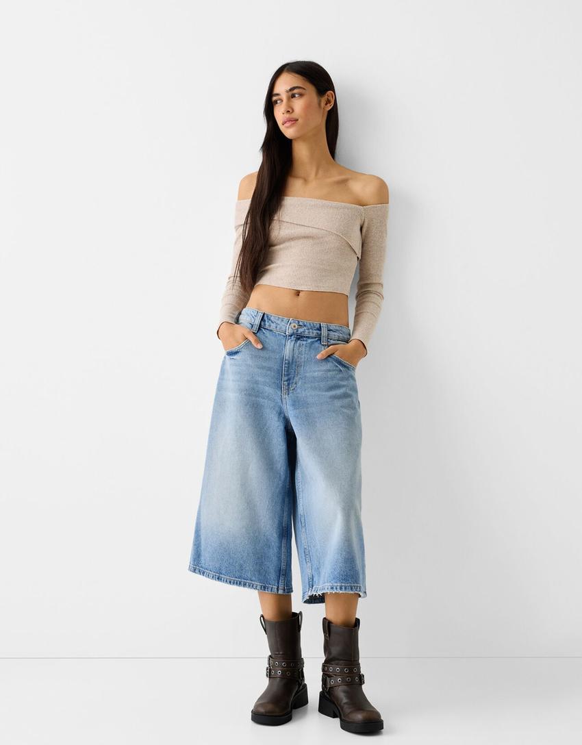 Baggy denim Bermuda shorts-Light blue-0
