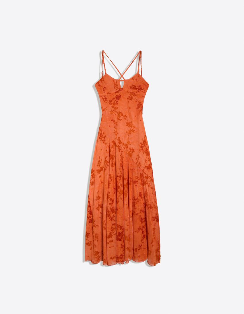 Flocked tulle strappy midi dress-Orange
