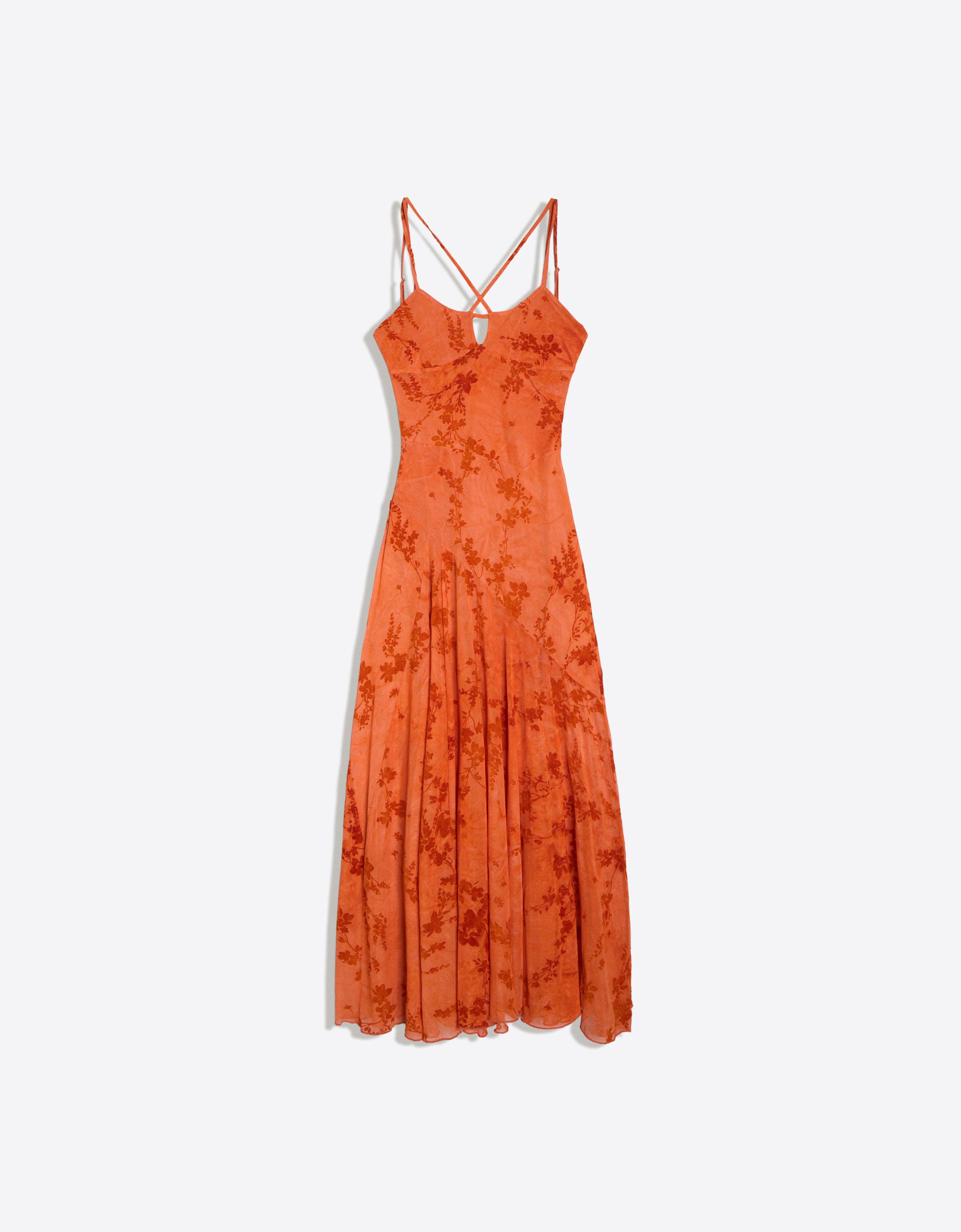 Bershka Vestido Midi Tirantes Tul Flocado Mujer Naranja