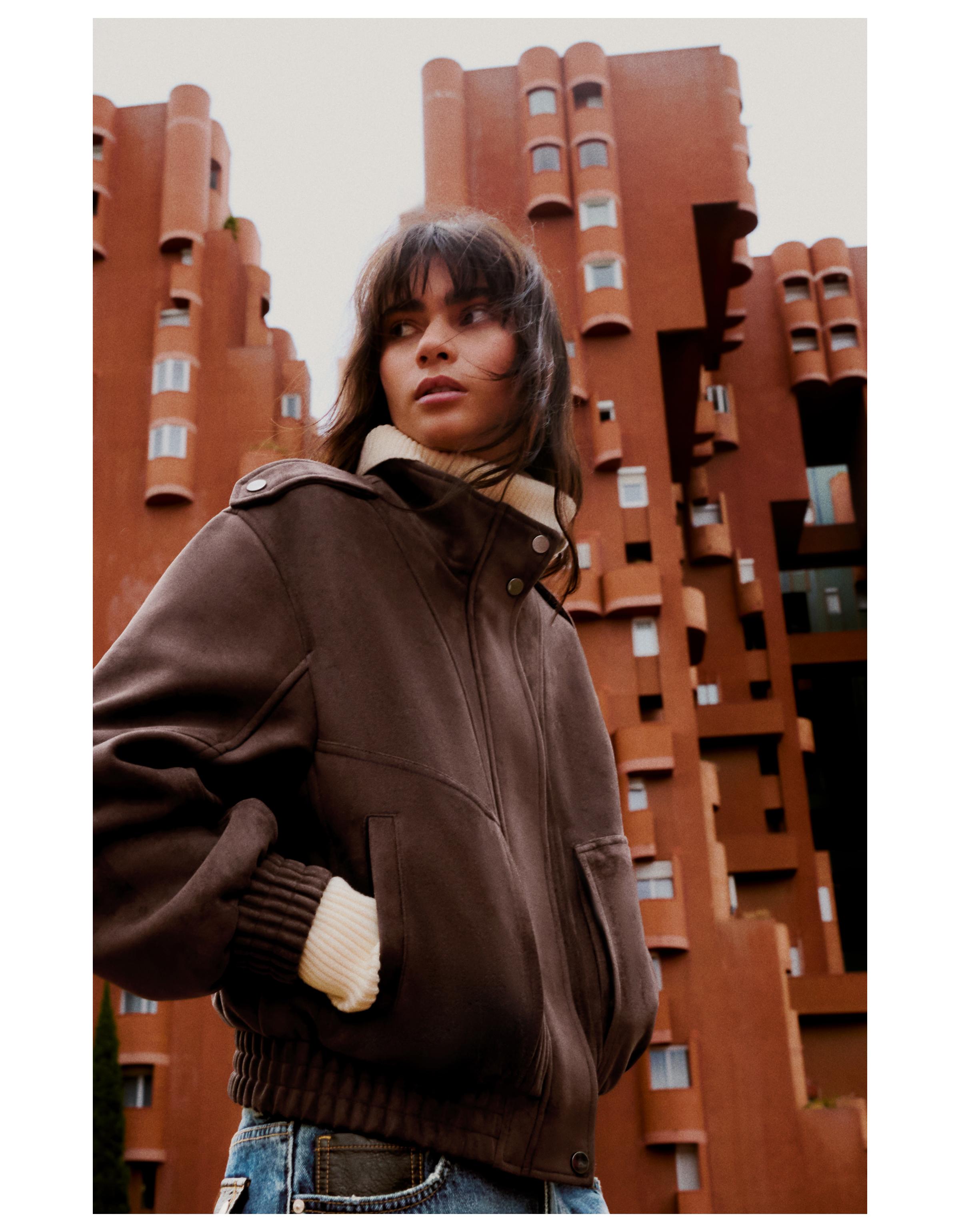 Faux suede funnel neck jacket — Brown