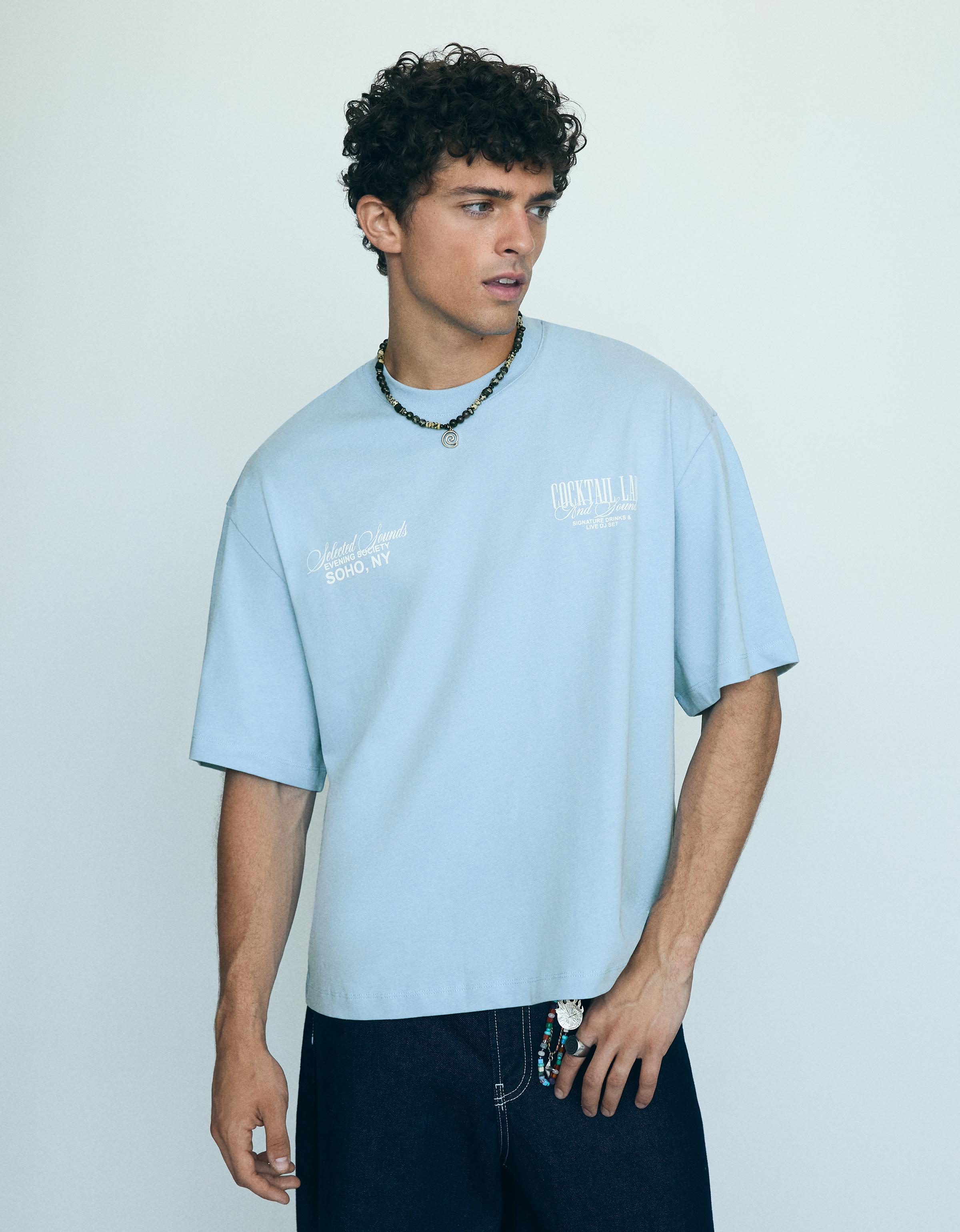 Bershka Camiseta Manga Corta Boxy Print Hombre Azul Claro