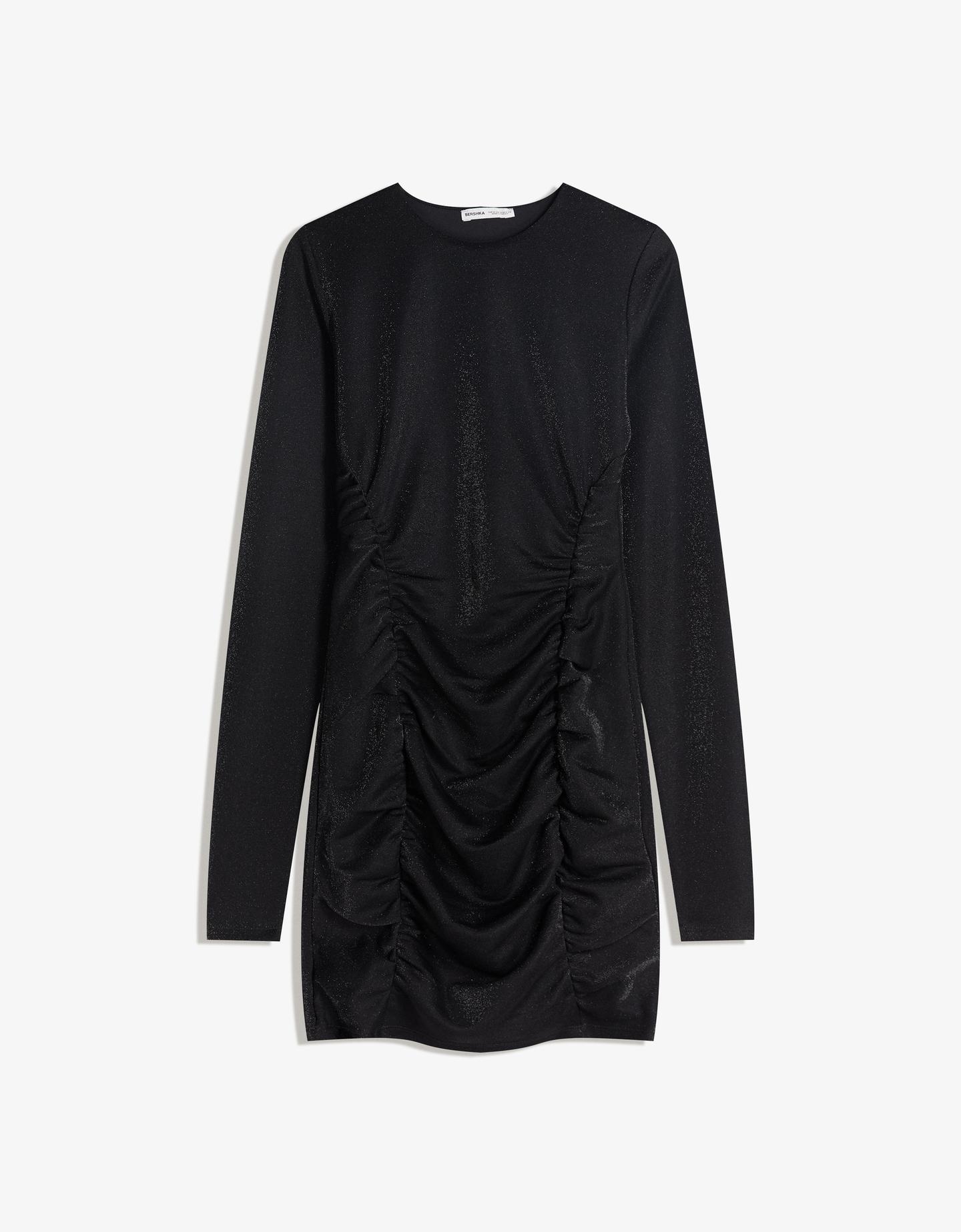 Bershka mini sukienka z długim rękawem, marszczona, efekt błyszczące czarny