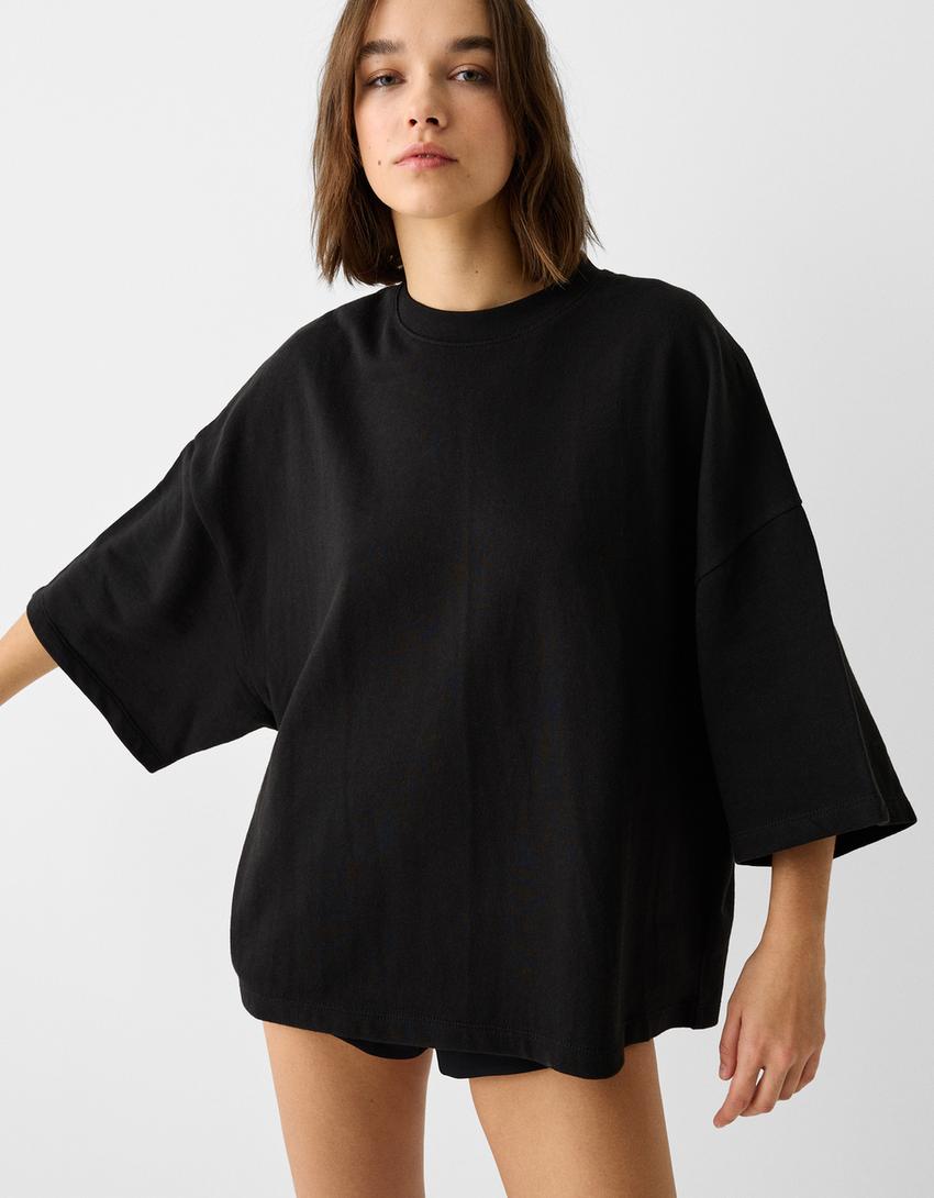 T-shirt manga curta cropped felpa-Preto-2