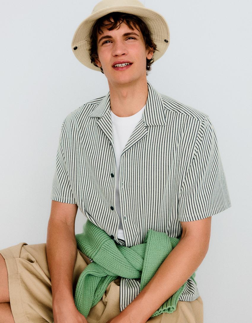 Printed striped short sleeve boxy fit shirt-Green