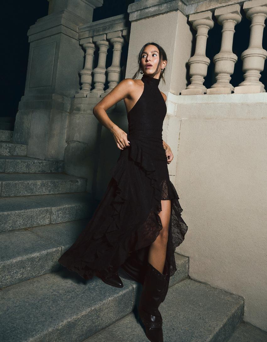Lace halter midi dress-Black