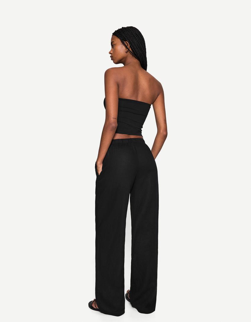 Pantalon lin taille élastique-Noir-2