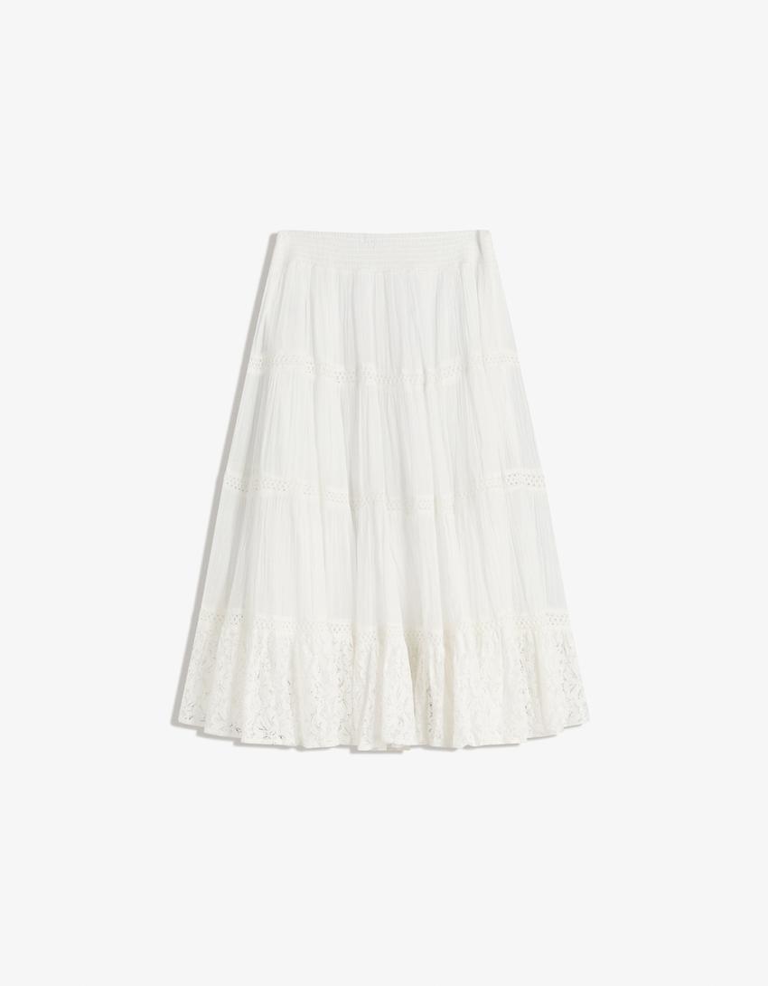 Voluminous lace midi skirt-Cream