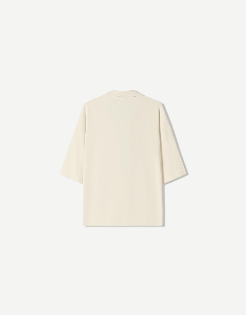 Printed oversize short sleeve polo shirt-Cream