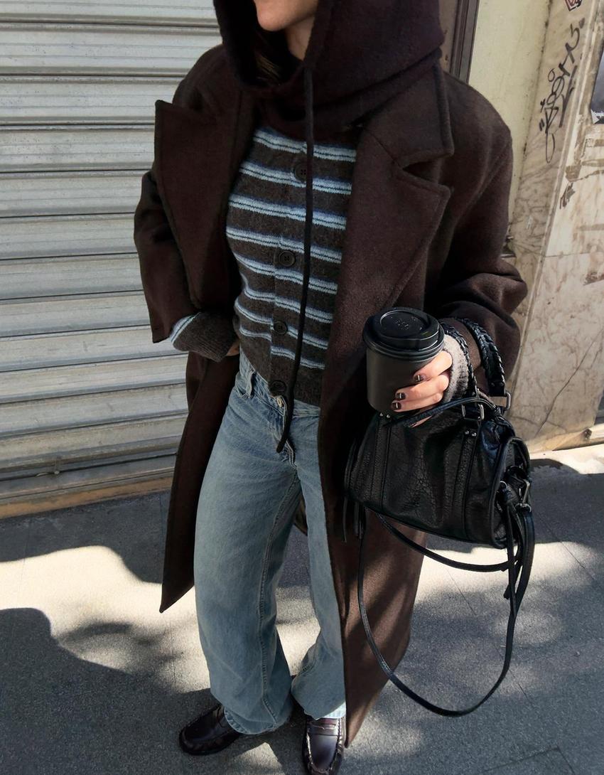 Manteau long épaule tombante-Marron