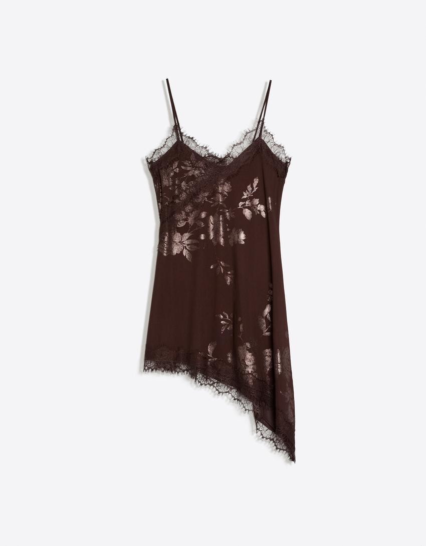 Vestido mini tul encaje-Marrón