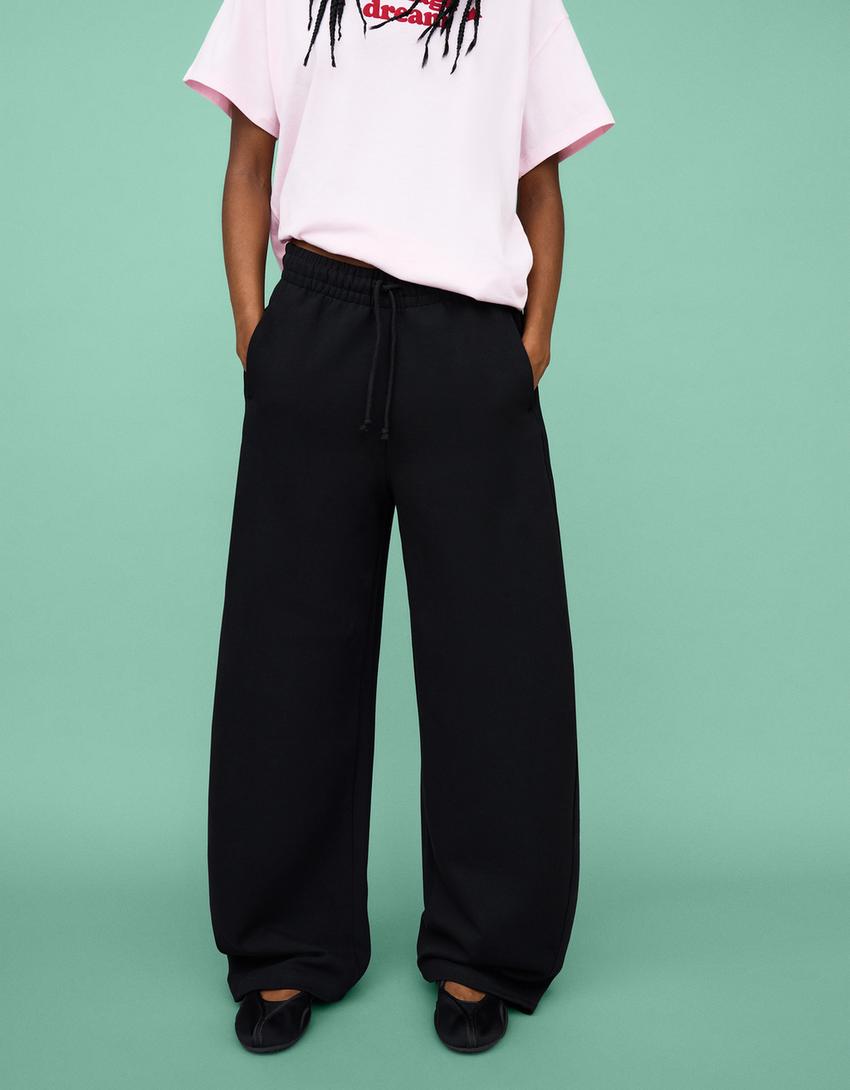 Sweatshirt material barrel pants-Black-2