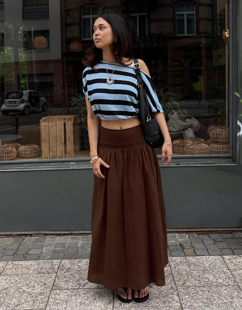 Jupe midi à ceinture obi-Marron