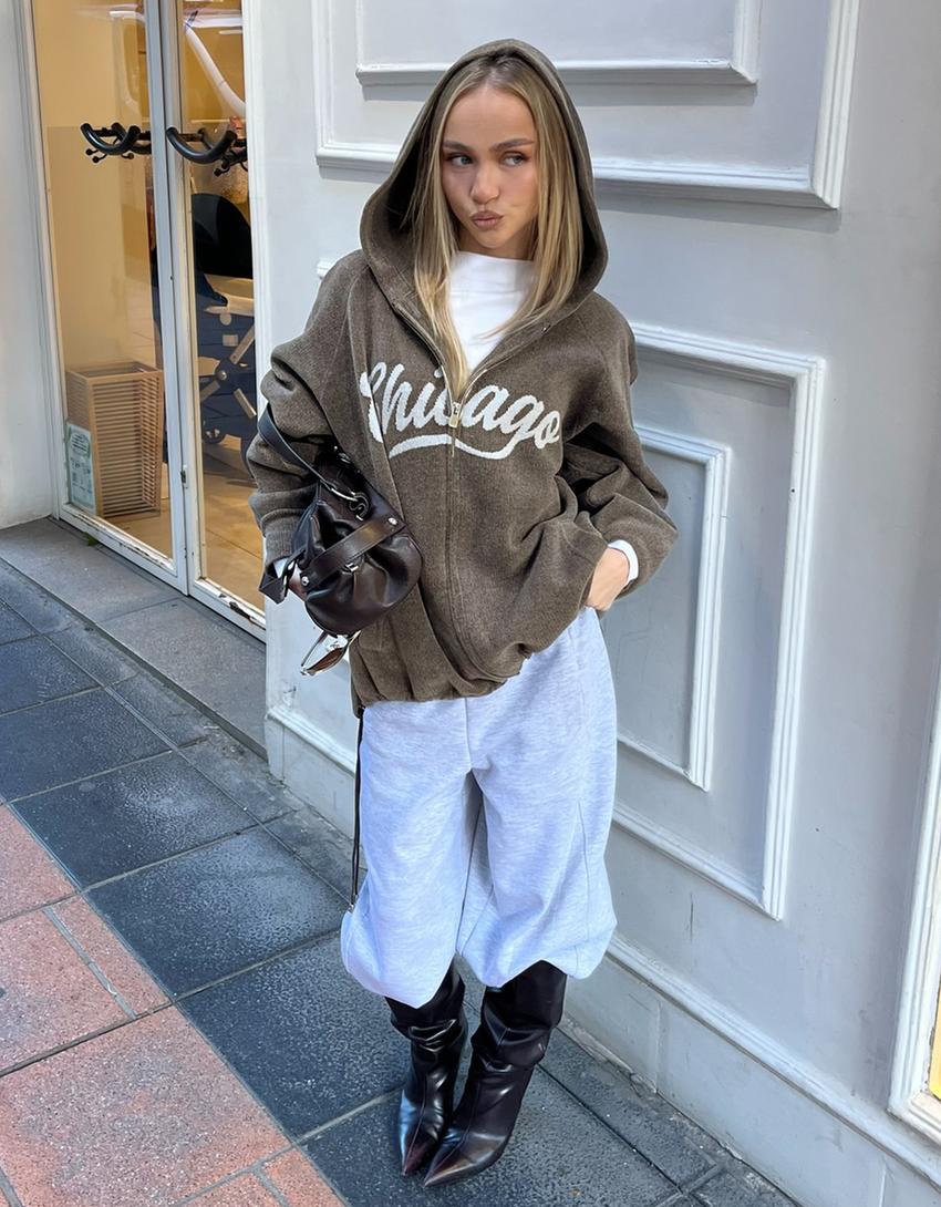 Pulover fermoar chenille glugă print-Gri