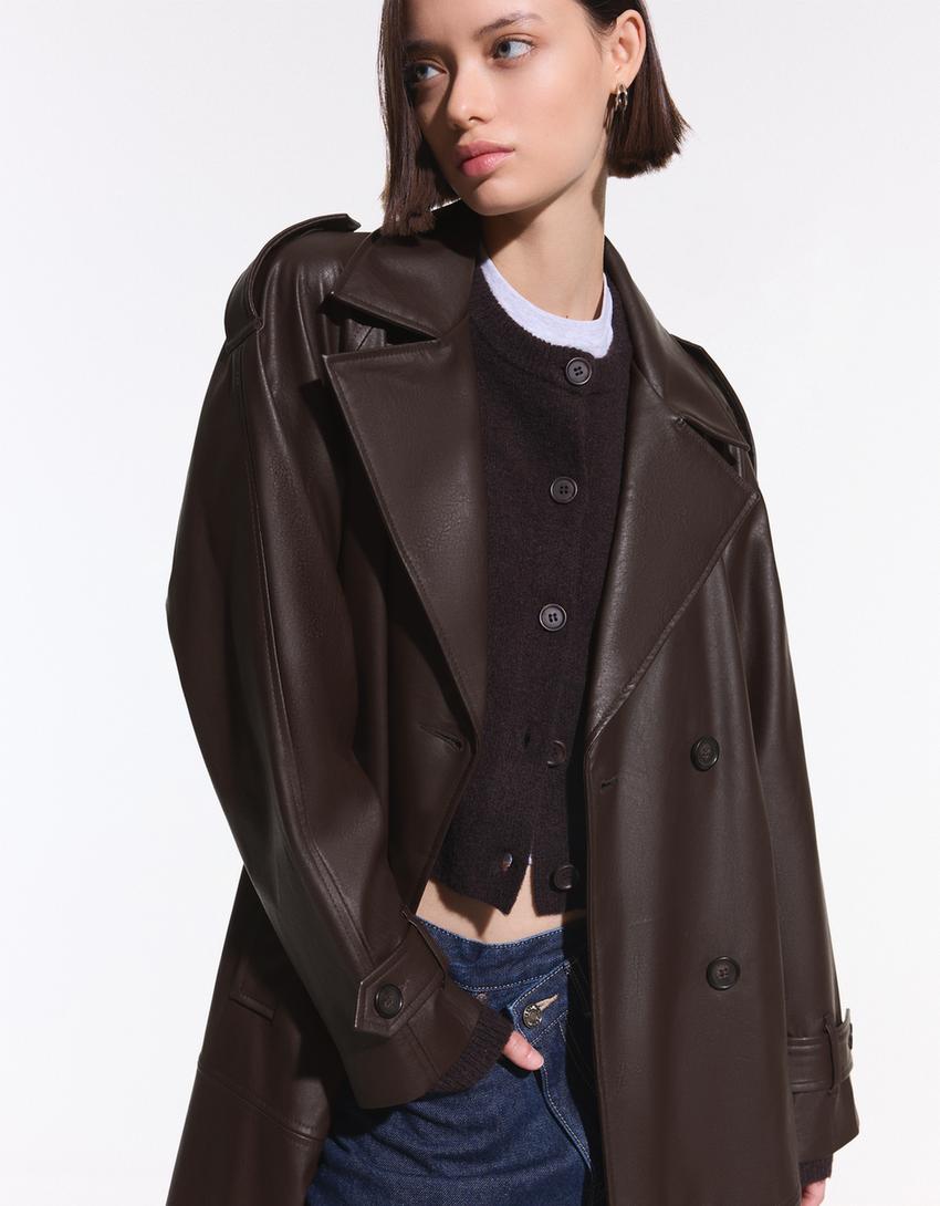 Faux leather trench coat-Brown