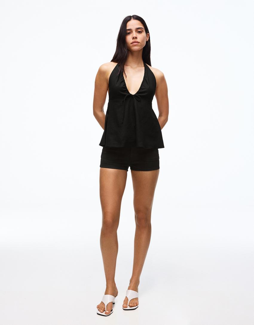 Linen halter top-Black