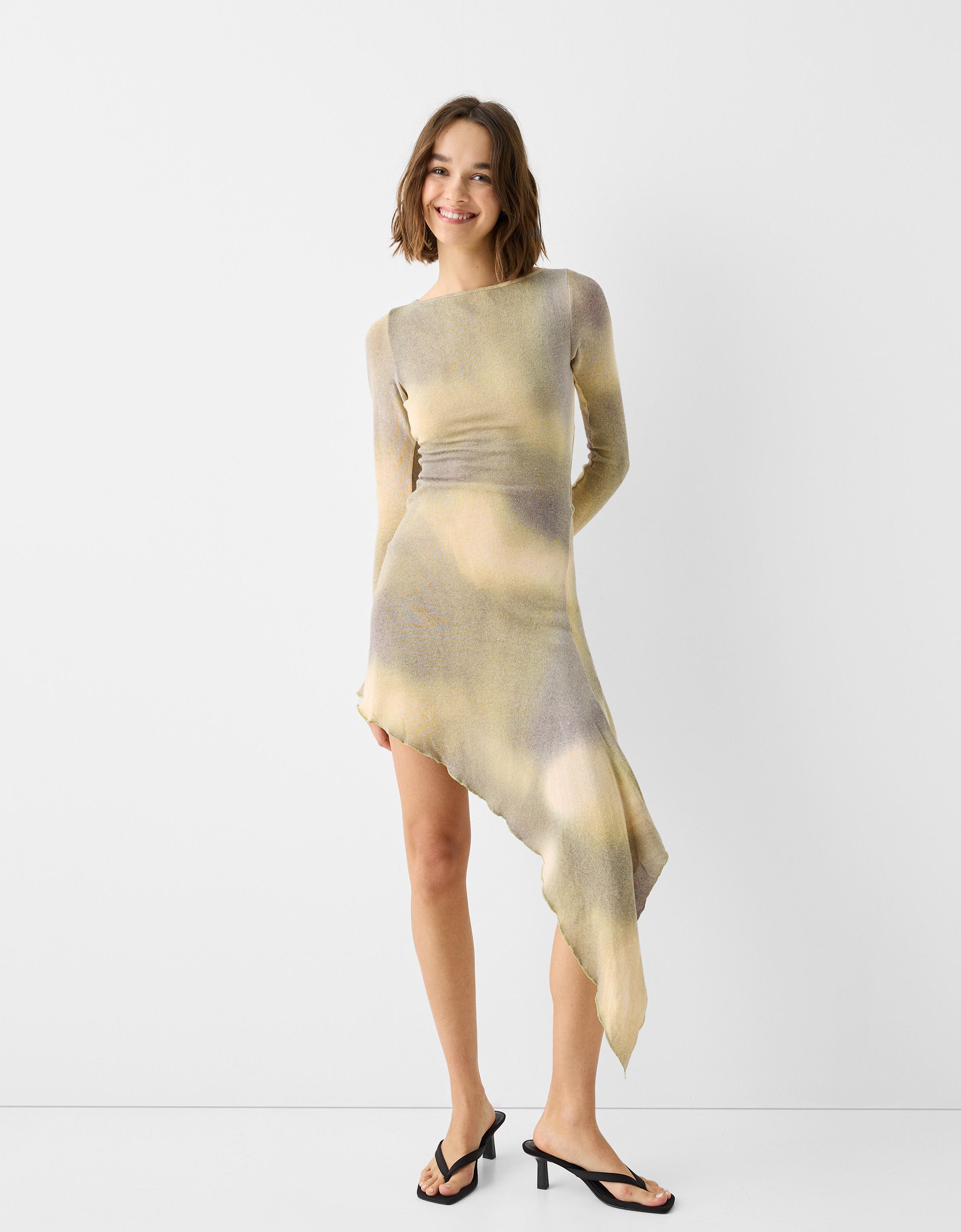 Long sleeve tie-dye asymmetric midi dress - Women | Bershka