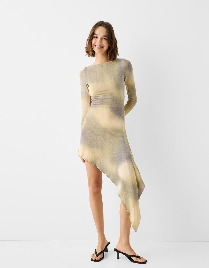 Long sleeve tie-dye asymmetric midi dress - Women | Bershka Long sleeve tie-dye asymmetric midi dress - Women | Bershka