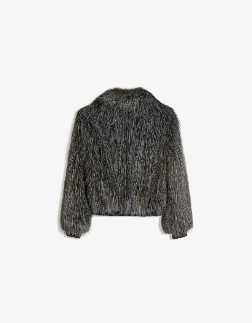 Zip-up faux fur jacket-Grey-5