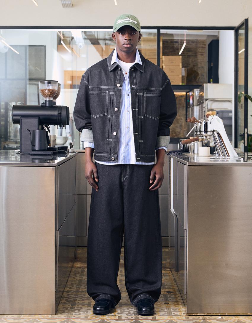 Uzun kollu nakışlı boxy fit gömlek-Açık mavi