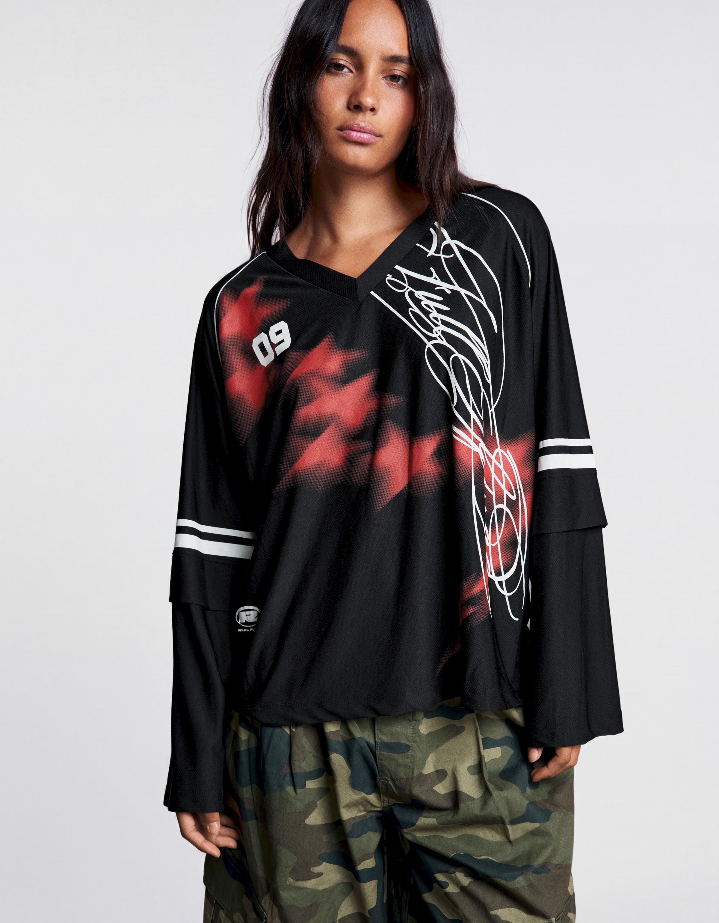Oversize double sleeve print T-shirt — Black