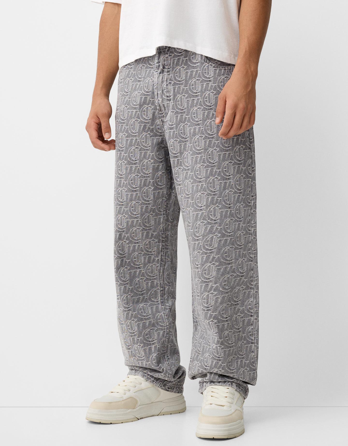 Bershka Jeans Baggy Jacquard Hombre 40 Gris