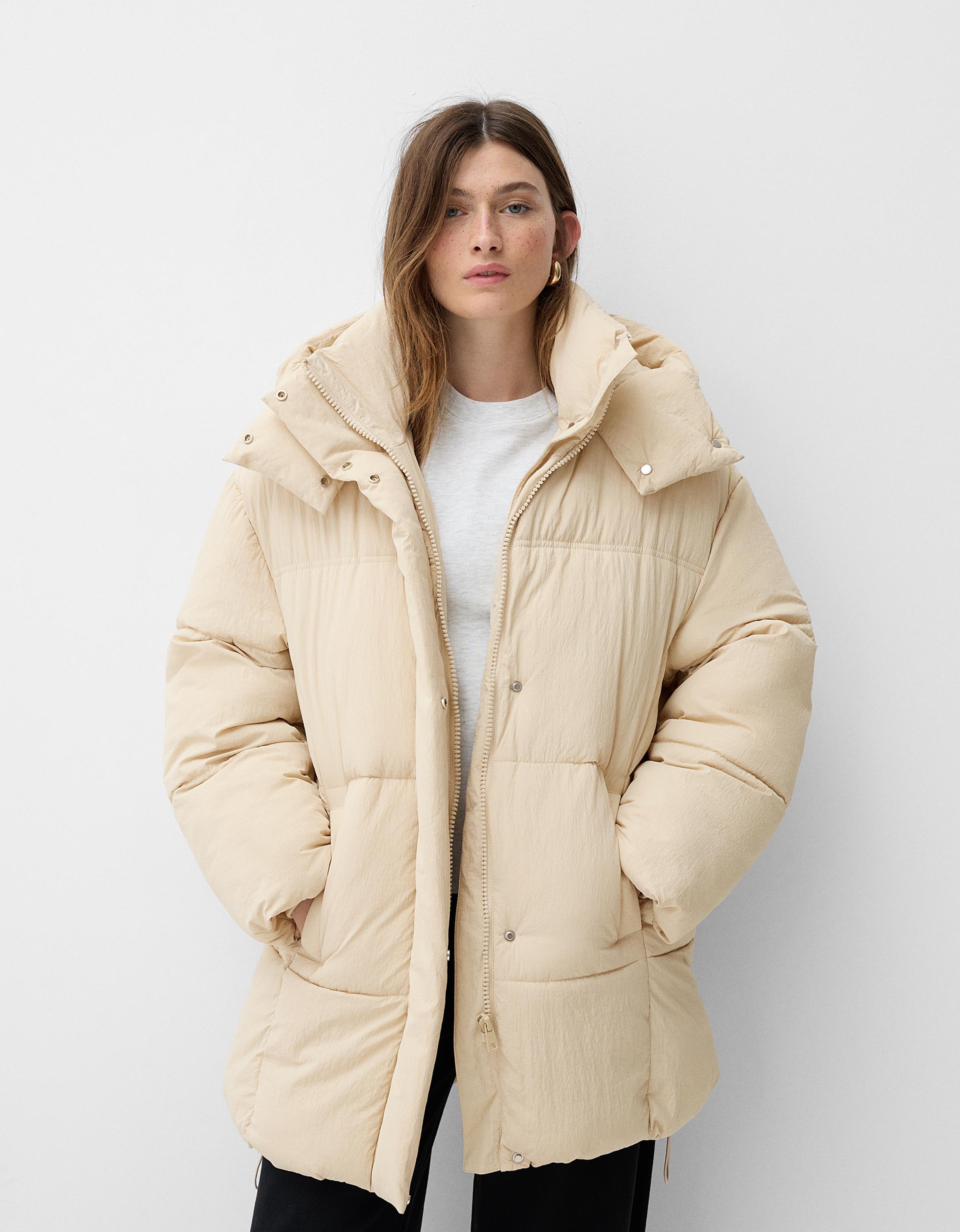 Bershka 3/4-Mantel Kapuze Damen S Sandfarbe