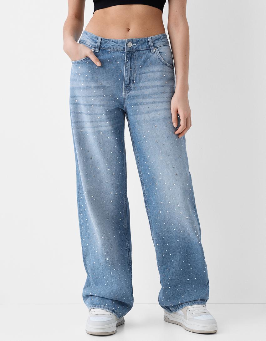 Baggy jeans with rhinestones-Light blue-1