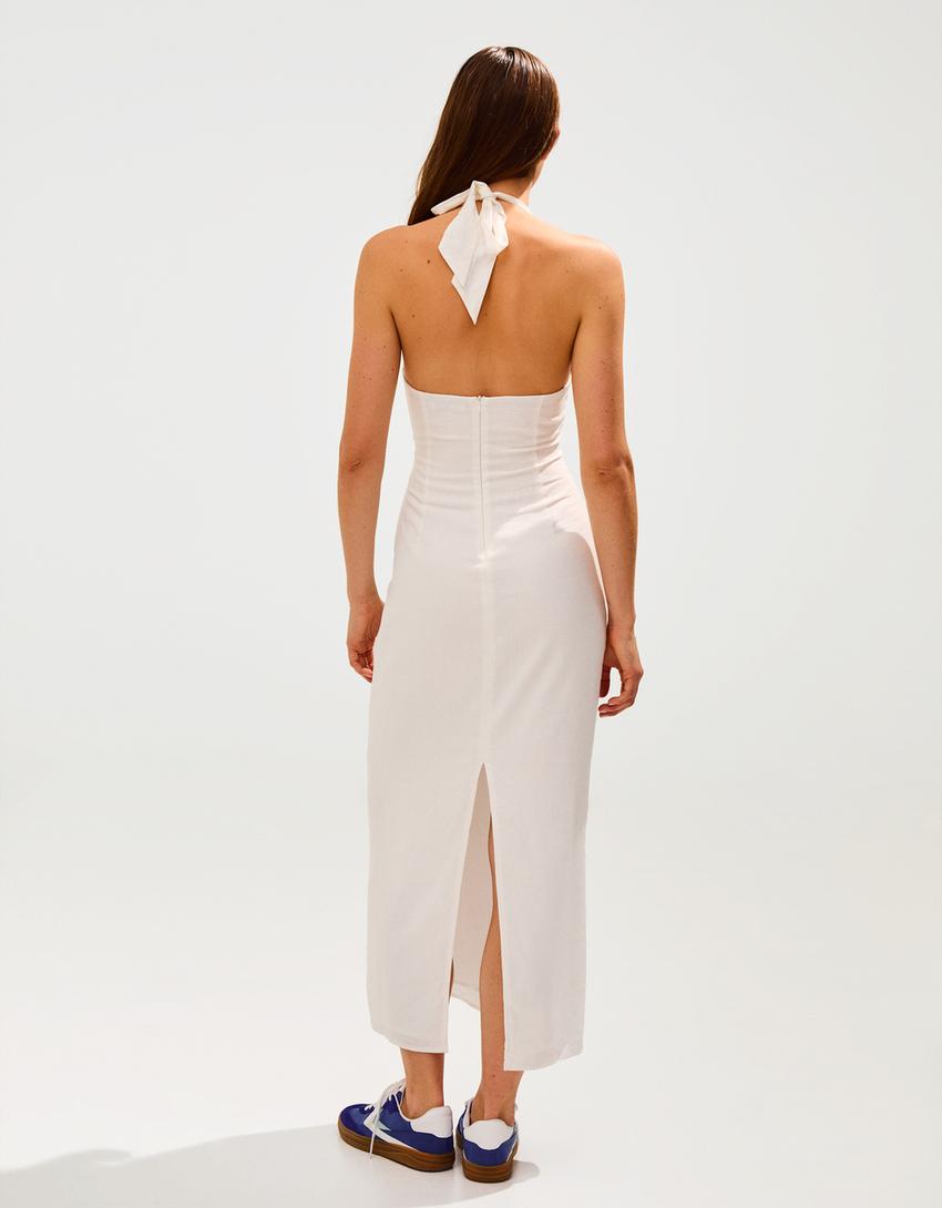 Keten ve pencere detaylı uzun elbise-Kirli beyaz-2