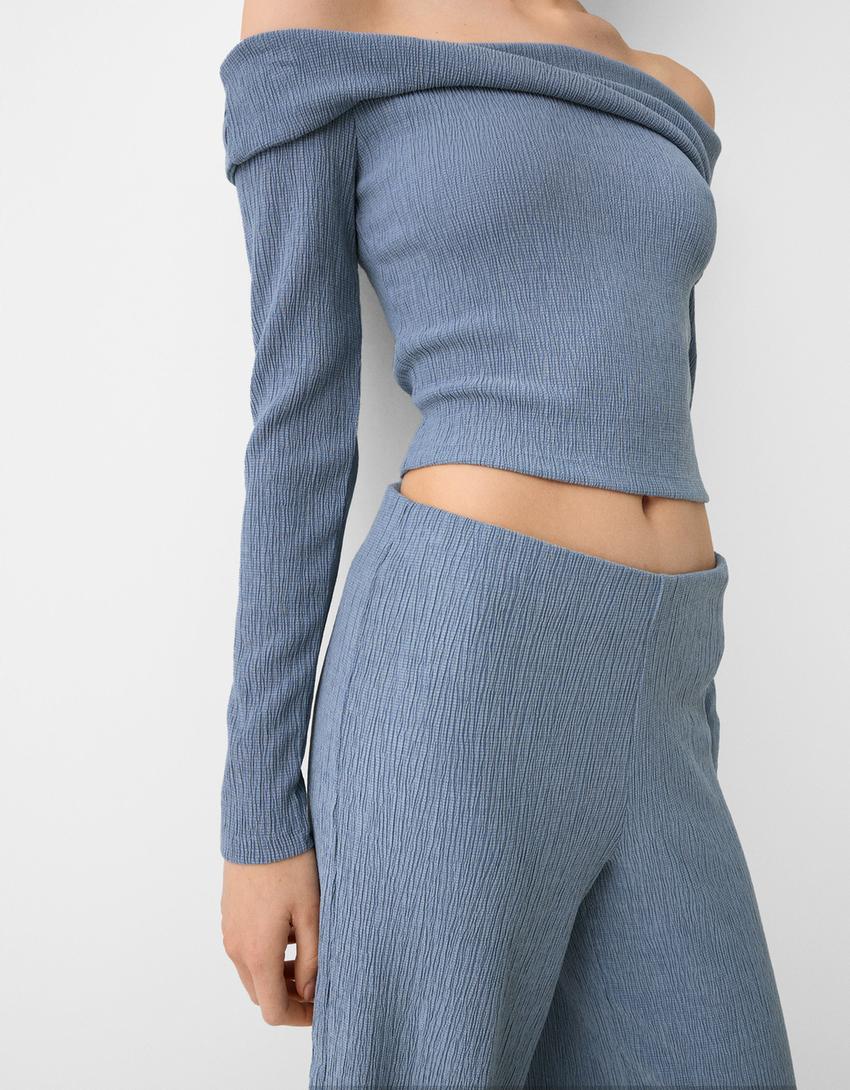 Waffle-knit long sleeve Bardot T-shirt-Blue-3