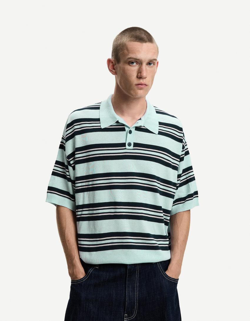 Çizgili polo yaka t-shirt-Açık mavi-5