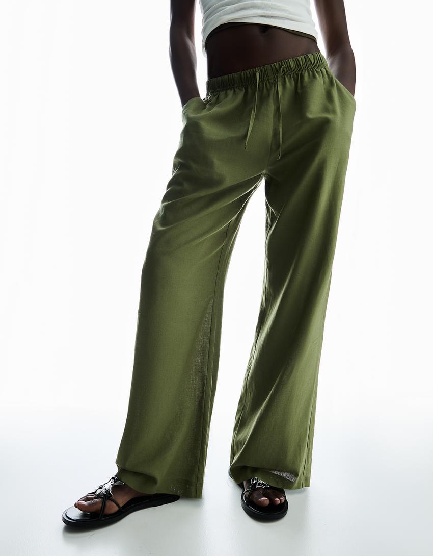 Linen blend trousers with an elasticated waistband-Khaki-2